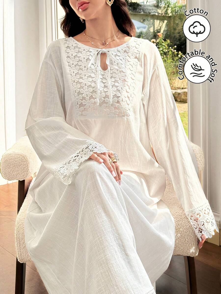 SHEIN Al Najma فستان عربي أبيض بياقة ربطة مزين برقع زهور وتطريز منسوج