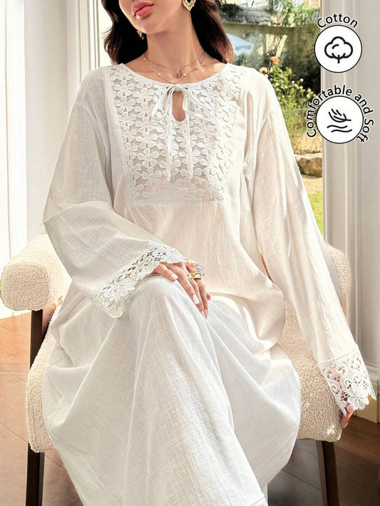 SHEIN Al Najma فستان عربي أبيض بياقة ربطة مزين برقع زهور وتطريز منسوج