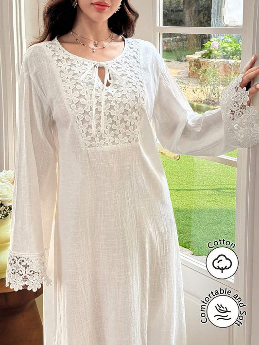 SHEIN Al Najma فستان عربي أبيض بياقة ربطة مزين برقع زهور وتطريز منسوج