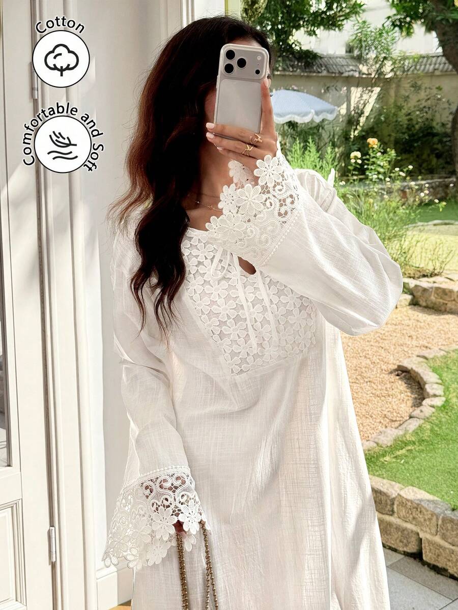 SHEIN Al Najma فستان عربي أبيض بياقة ربطة مزين برقع زهور وتطريز منسوج