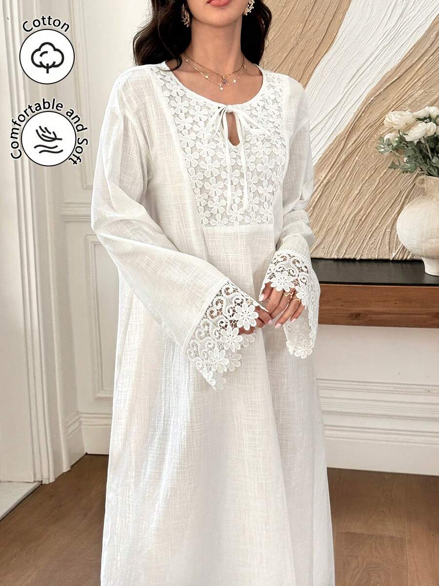 SHEIN Al Najma فستان عربي أبيض بياقة ربطة مزين برقع زهور وتطريز منسوج