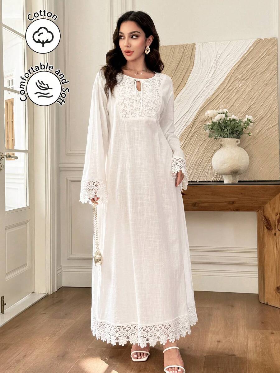 SHEIN Al Najma فستان عربي أبيض بياقة ربطة مزين برقع زهور وتطريز منسوج