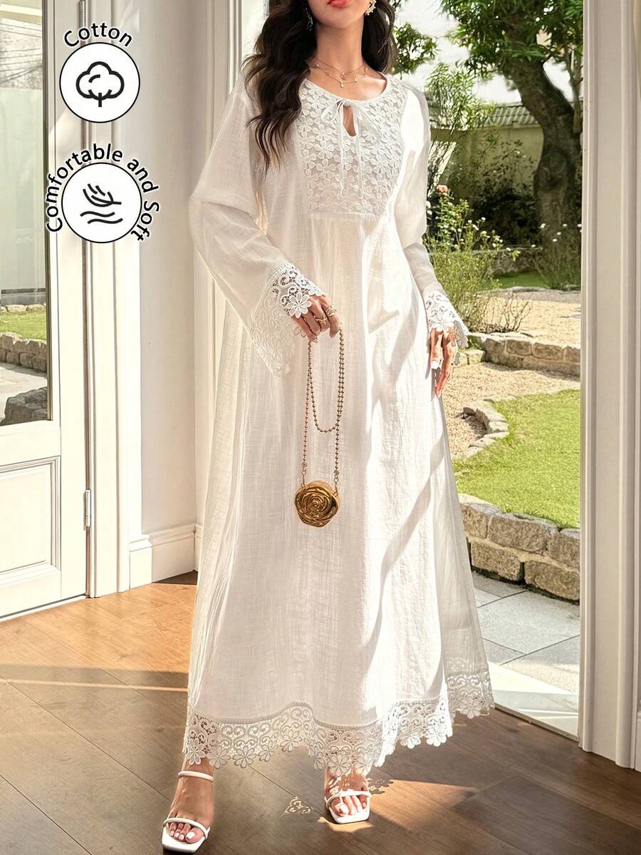 SHEIN Al Najma فستان عربي أبيض بياقة ربطة مزين برقع زهور وتطريز منسوج