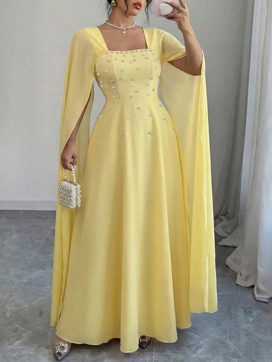 SHEIN Elenzga فستان سهرة أصفر للمقاسات الكبيرة مزين بالخرز بأكمام كيب وخصر محدد
