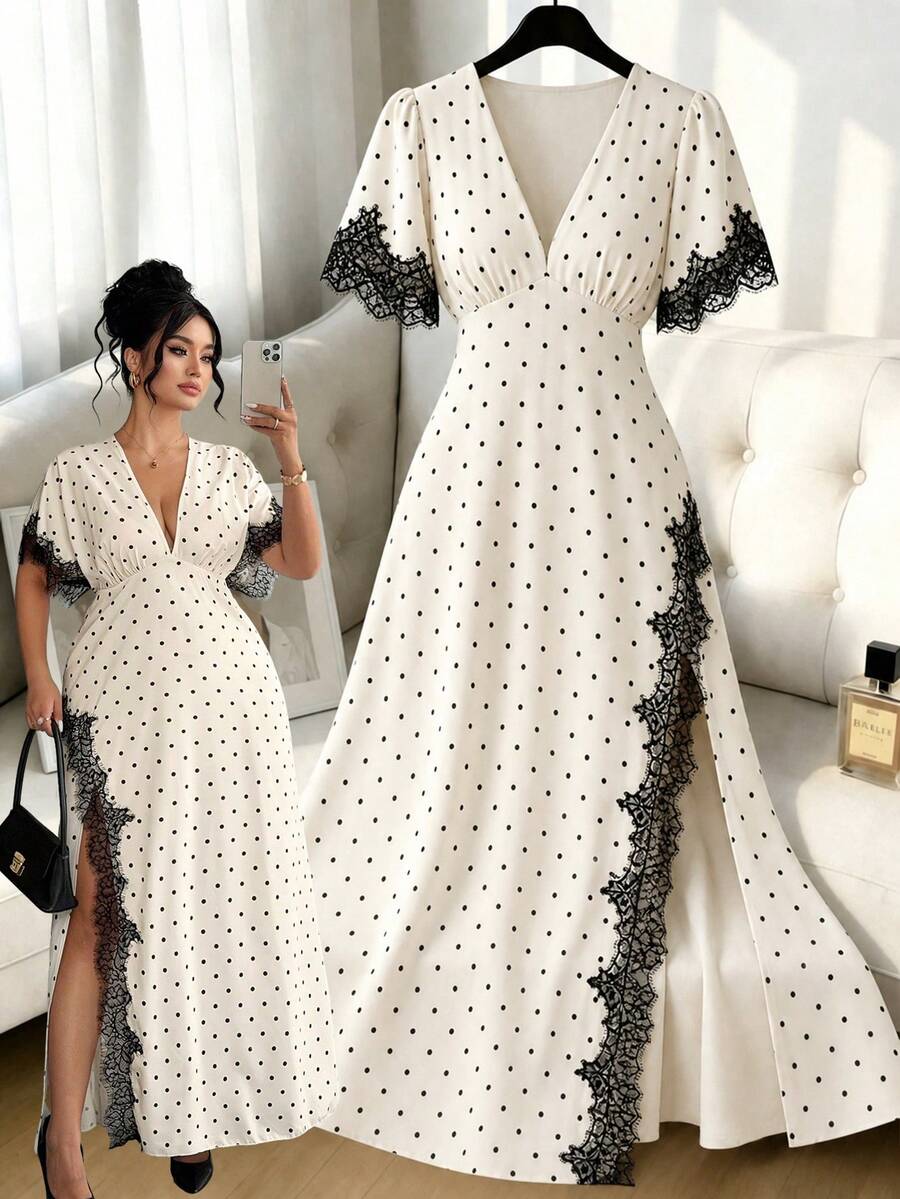 SHEIN Elenzga فستان أبيض للمقاس الكبير برقع دانتيل وطبعة بولكا مع فتحة جانبية