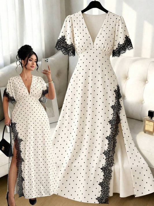 SHEIN Elenzga فستان أبيض للمقاس الكبير برقع دانتيل وطبعة بولكا مع فتحة جانبية