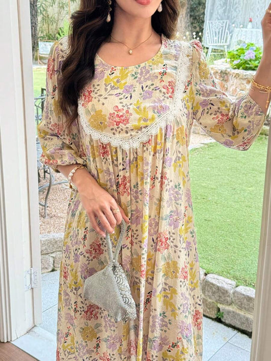 SHEIN Al Najma فستان عربي بطبعة زهور مزين بالدانتيل