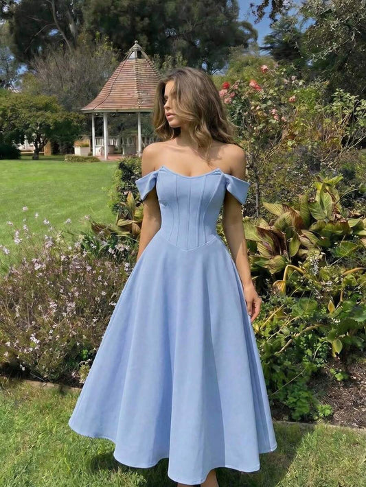 SHEIN MOD فستان أزرق من الساتان بتصميم عظم السمك