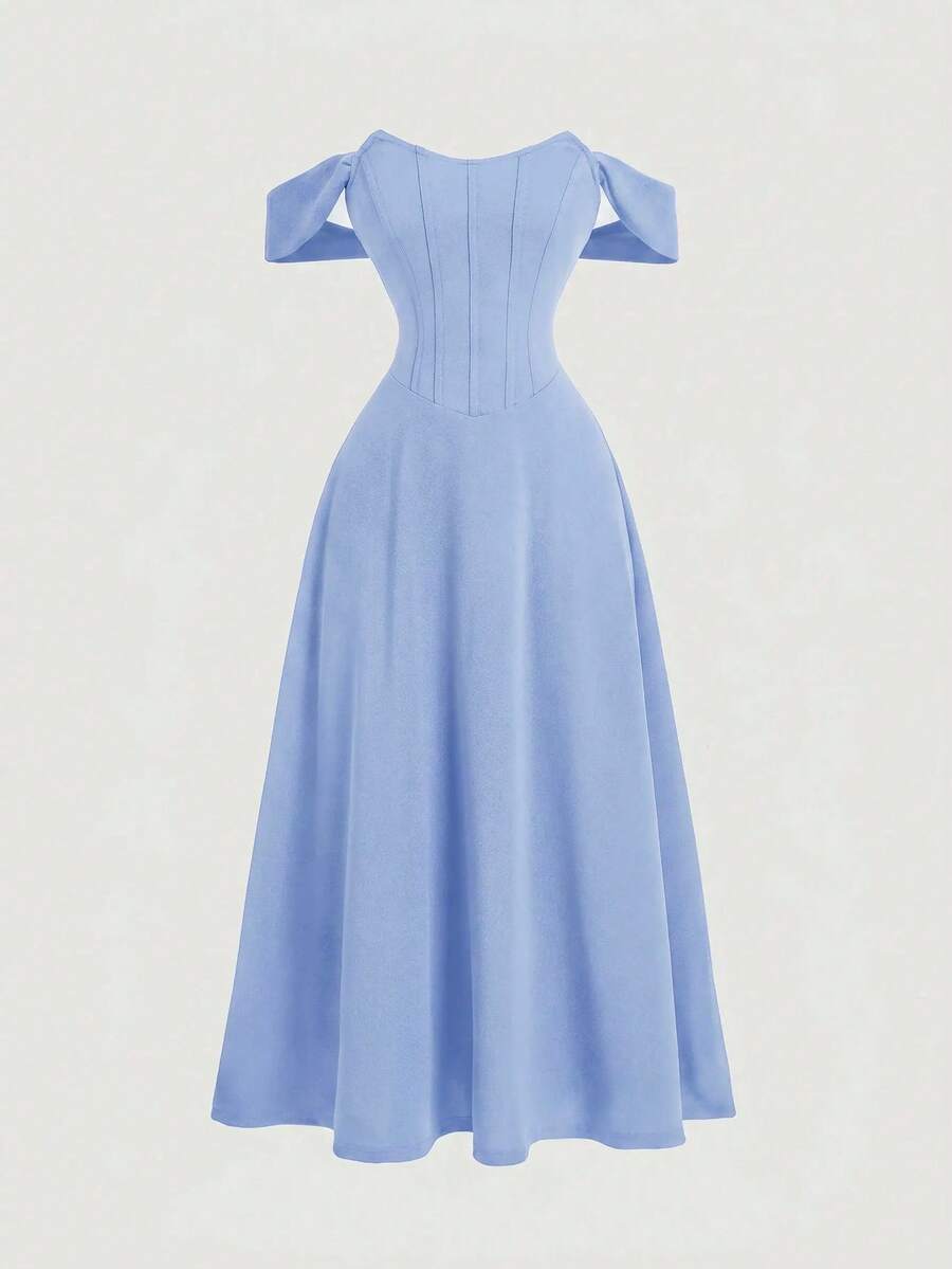 SHEIN MOD فستان أزرق من الساتان بتصميم عظم السمك