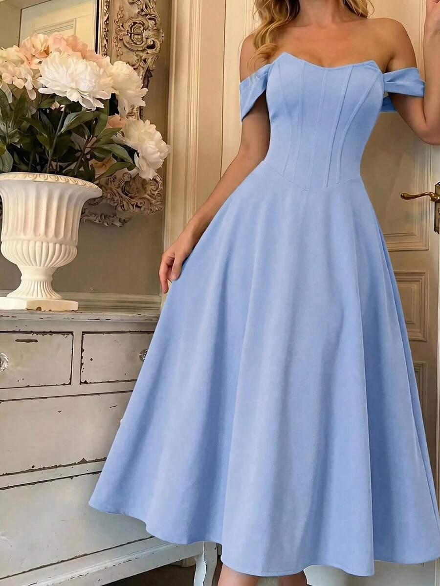 SHEIN MOD فستان أزرق من الساتان بتصميم عظم السمك