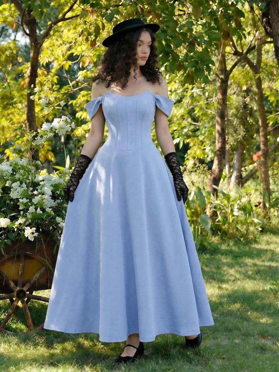 SHEIN MOD فستان أزرق من الساتان بتصميم عظم السمك