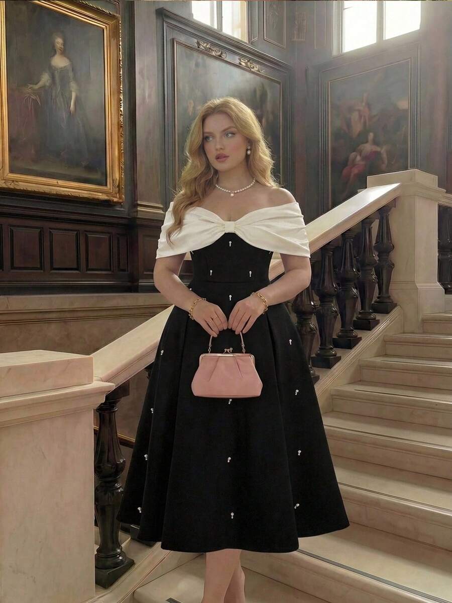 SHEIN MOD فستان للمقاسات الكبيرة بتصميم فيونكة ولؤلؤ مكشوف الكتفين