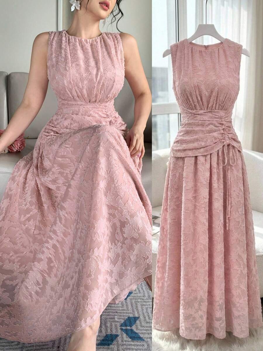 SHEIN DAZY فستان وردي طويل بقماش ذو ملمس مموج