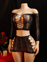 SHEIN ChaseTheNight طقم قطعتين توب وتنورة بأكتاف مكشوفة وطويلة بشبك وفتحات