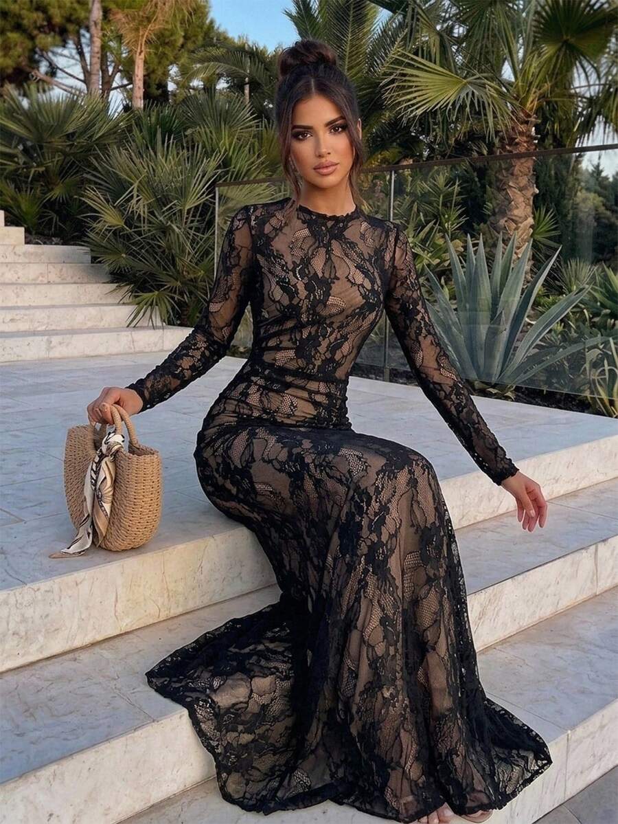 SHEIN Firerie فستان ماكسي أسود بياقة دائرية وأكمام طويلة