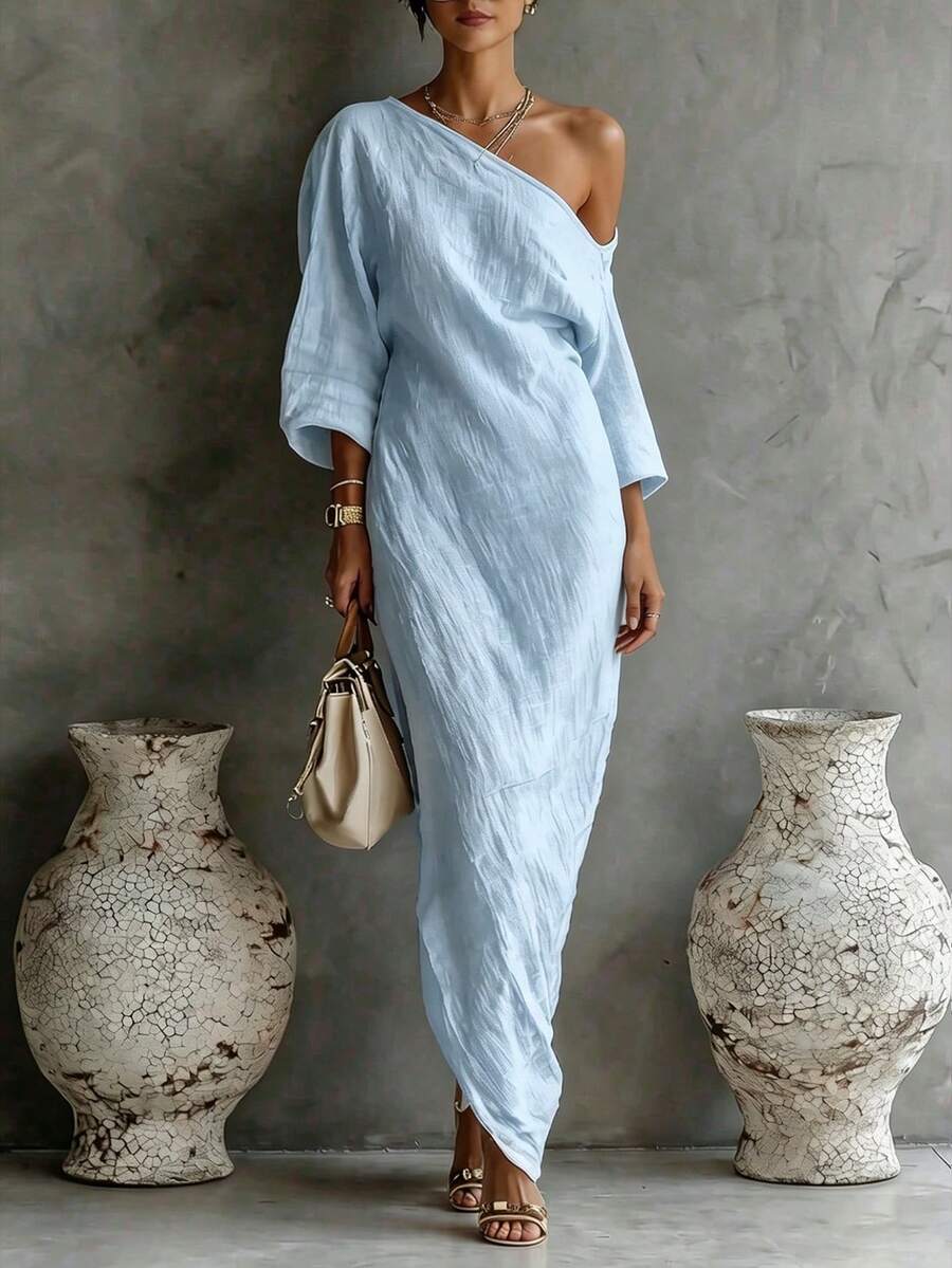 SHEIN FIORISEL فستان أزرق فضفاض بتصميم كتف مكشوف