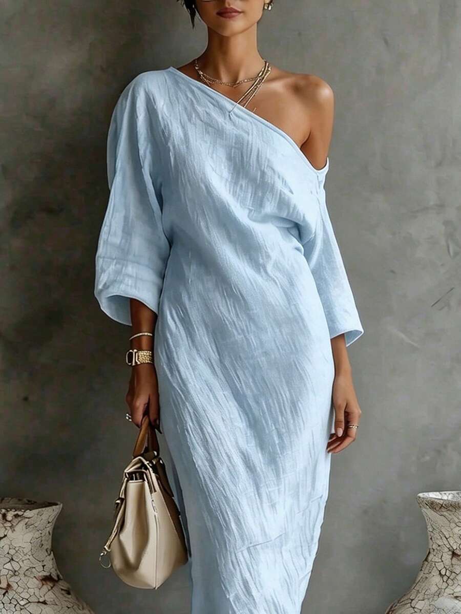 SHEIN FIORISEL فستان أزرق فضفاض بتصميم كتف مكشوف