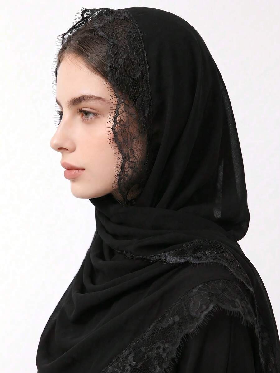 SHEIN حجاب نسائي من الشيفون بلون أسود بحافة دانتيل ورموش