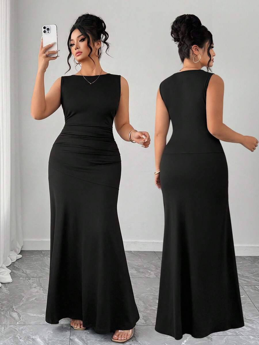 SHEIN Elenzga فستان أسود بدون أكمام بياقة دائرية وخصر مجعد من قماش محبوك
