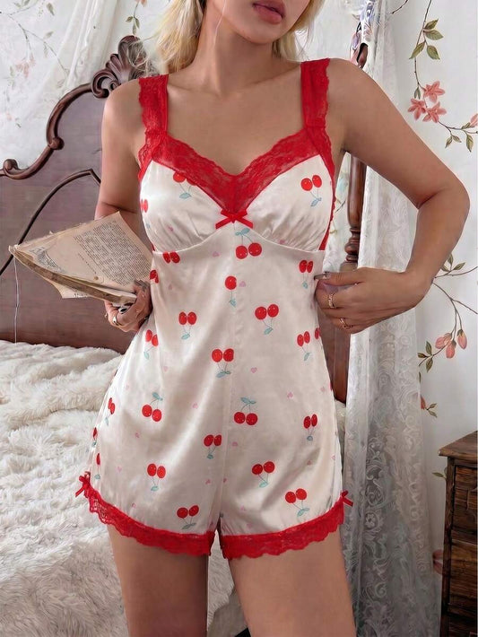 SHEIN CottageSlumber جمبسوت من حرير صناعي بتطريز دانتيل وطبعة زهور الكرز