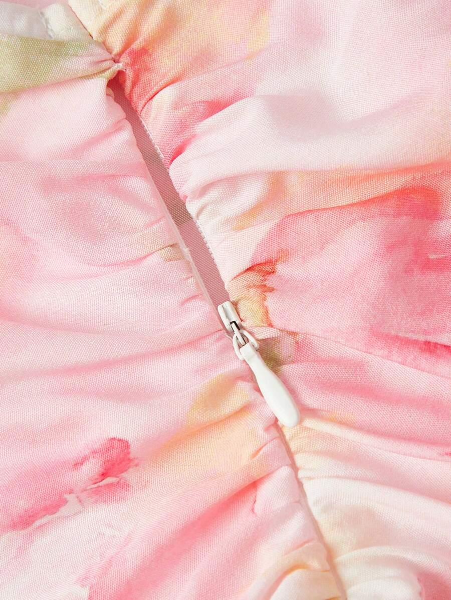 SHEIN MOD فستان وردي بطبعة زهور وكسرات وخصر مشدود