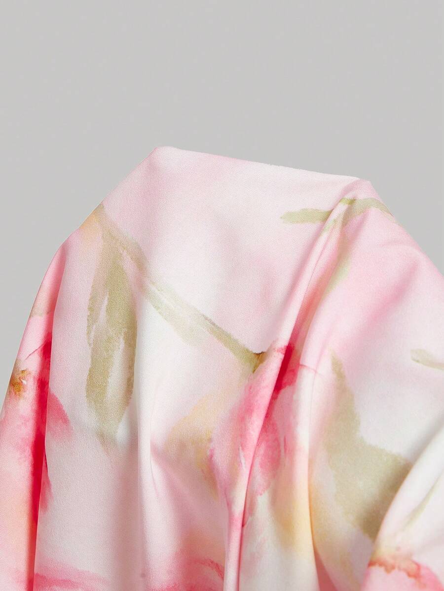 SHEIN MOD فستان وردي بطبعة زهور وكسرات وخصر مشدود