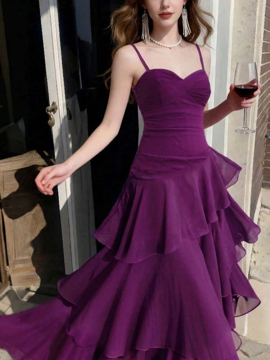 SHEIN فستان أنيق غير متماثل بحمالات سباغيتي مكشكشة بلون أرجواني