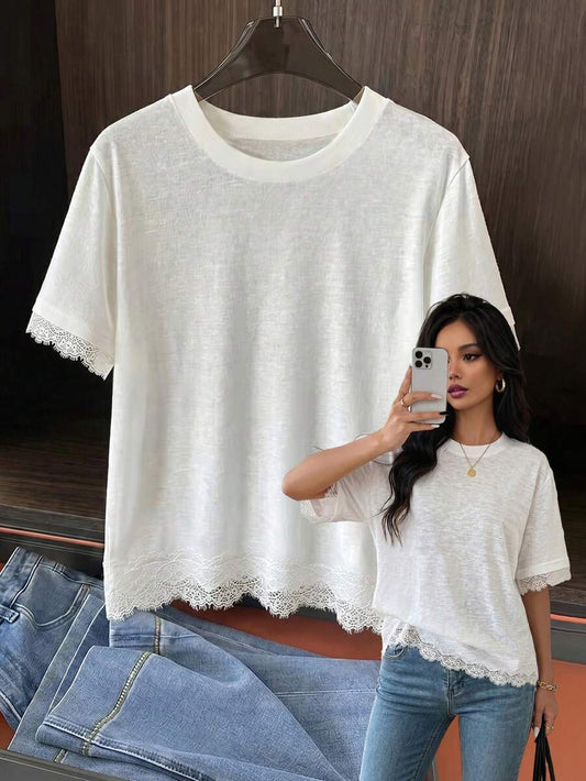 SHEIN Elenzga تي شيرت أبيض بملمس الكتان مع رقع دانتيل