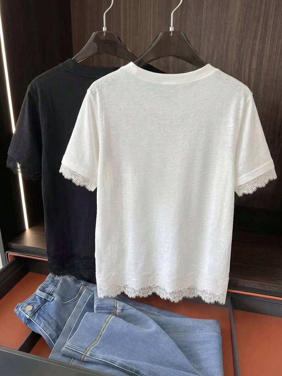 SHEIN Elenzga تي شيرت أبيض بملمس الكتان مع رقع دانتيل