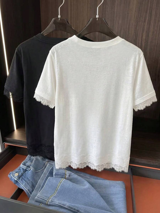 SHEIN Elenzga تي شيرت أبيض بملمس الكتان مع رقع دانتيل