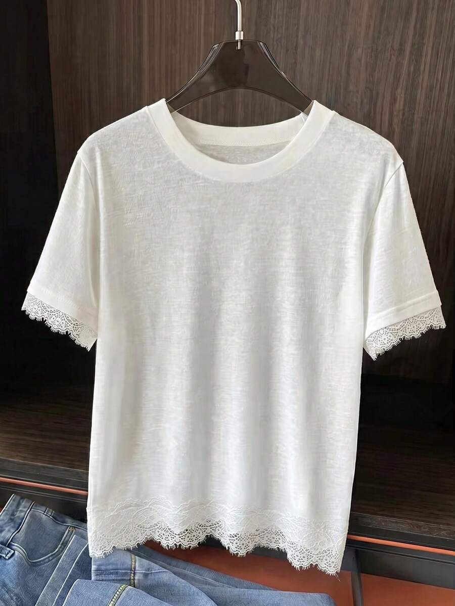 SHEIN Elenzga تي شيرت أبيض بملمس الكتان مع رقع دانتيل