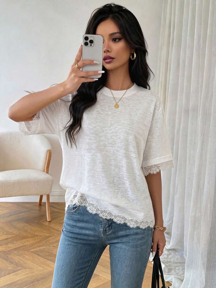 SHEIN Elenzga تي شيرت أبيض بملمس الكتان مع رقع دانتيل