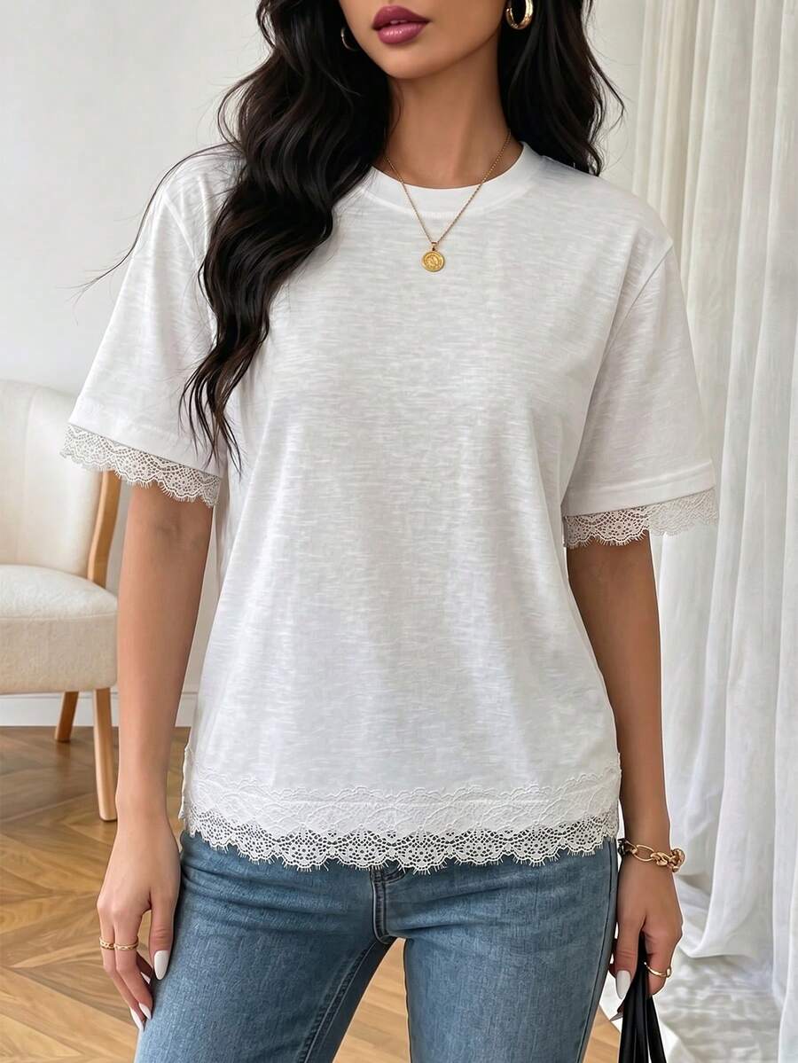 SHEIN Elenzga تي شيرت أبيض بملمس الكتان مع رقع دانتيل