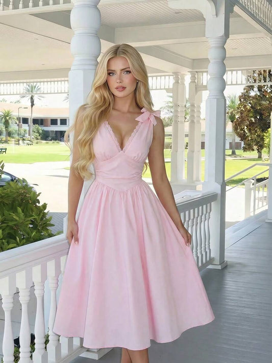 SHEIN MOD فستان وردي بدون أكمام بتفاصيل دانتيل متباين وفيونكة على الكتف