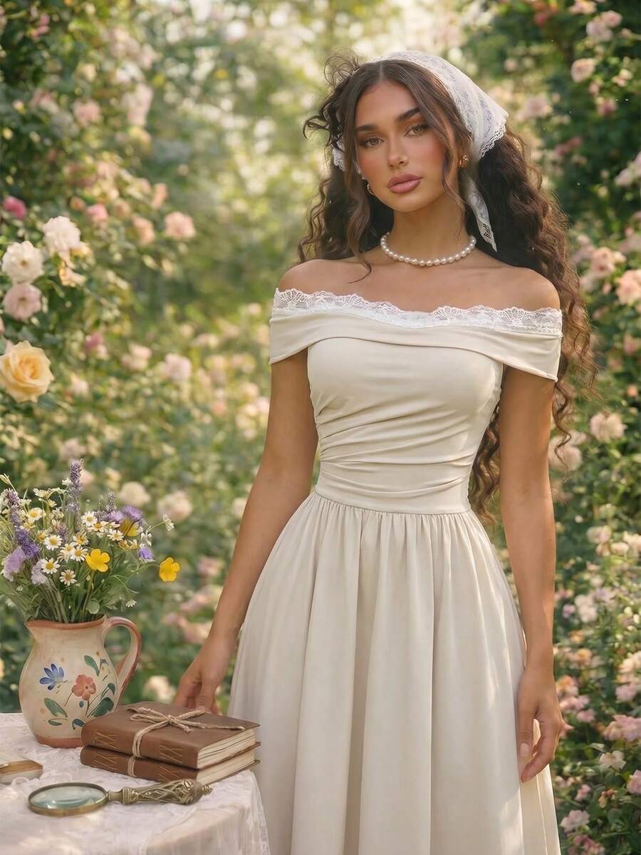 SHEIN MOD فستان طويل بكتف مكشوف بتفاصيل دانتيل متباين بلون مشمشي