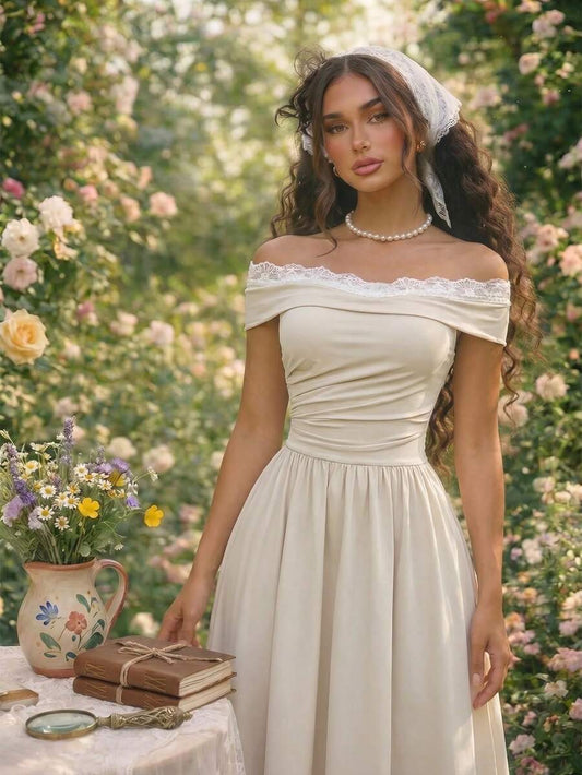 SHEIN MOD فستان طويل بكتف مكشوف بتفاصيل دانتيل متباين بلون مشمشي