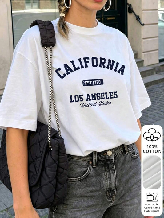 SHEIN تي شيرت أبيض قطني فضفاض بطباعة لوس أنجلوس