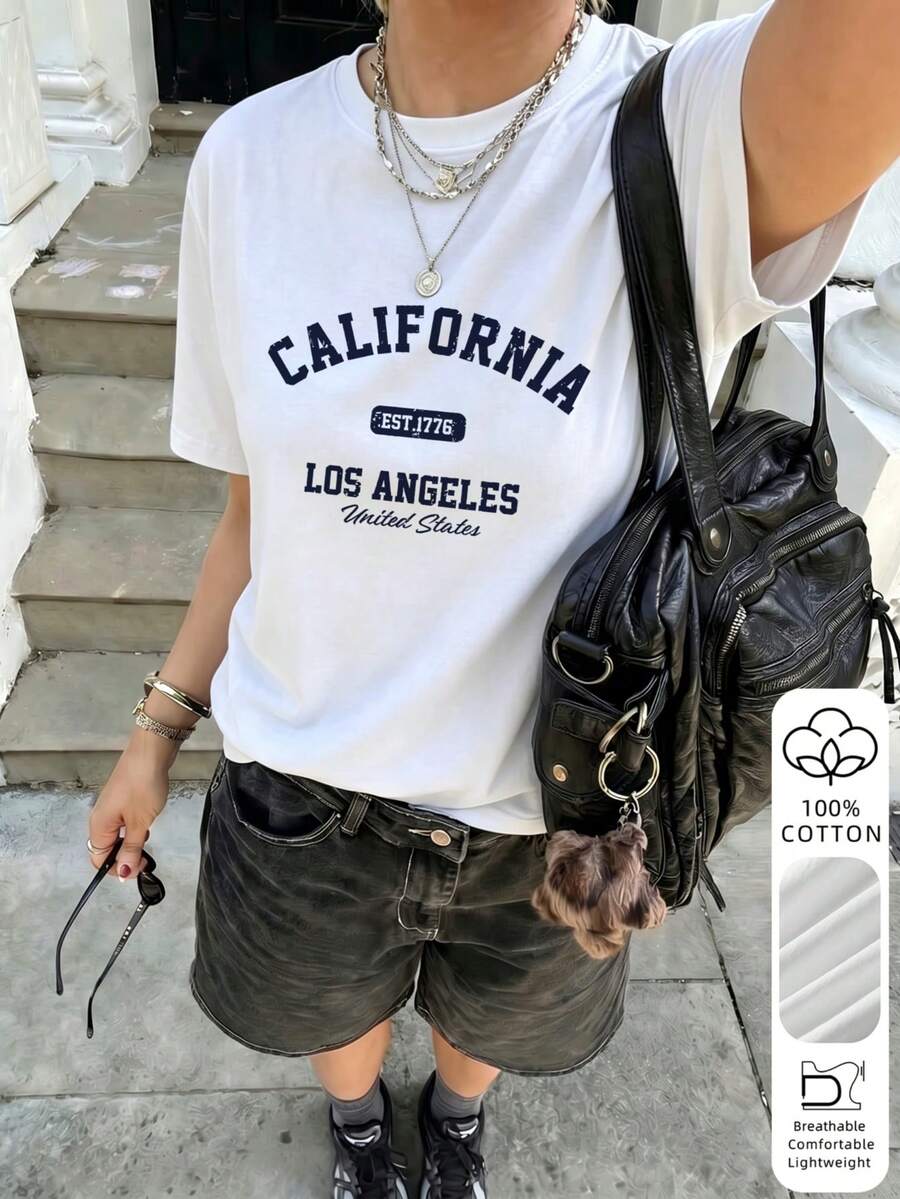 SHEIN تي شيرت أبيض قطني فضفاض بطباعة لوس أنجلوس