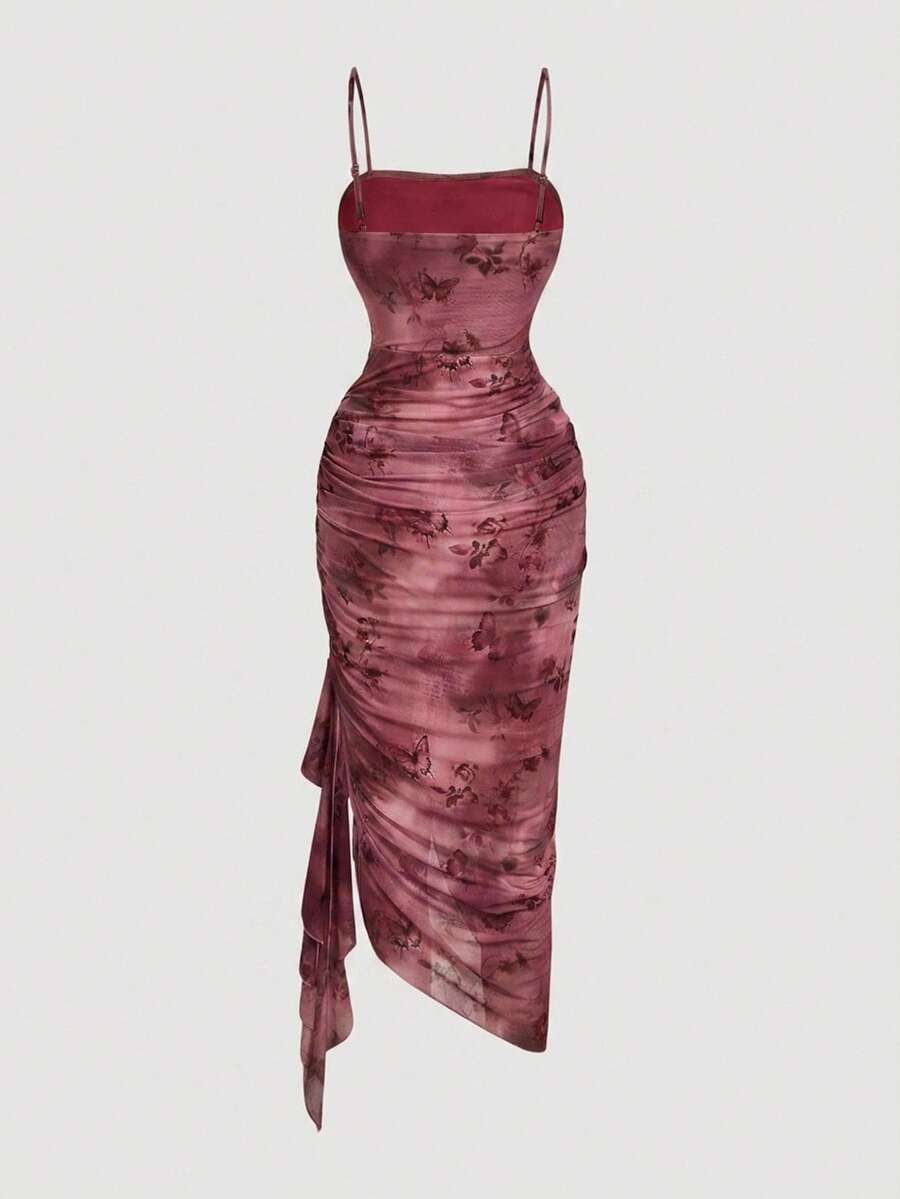 SHEIN MOD فستان عنابي بطبعة فراشة بتصميم مكشكش وحافة غير متماثلة
