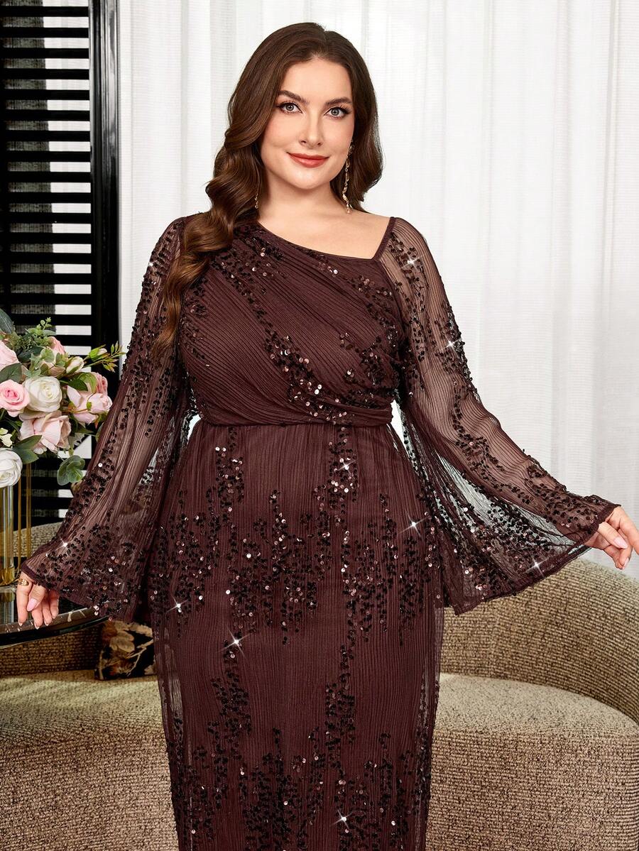 SHEIN Reflora فستان طويل بني للمقاسات الكبيرة مزين بالترتر