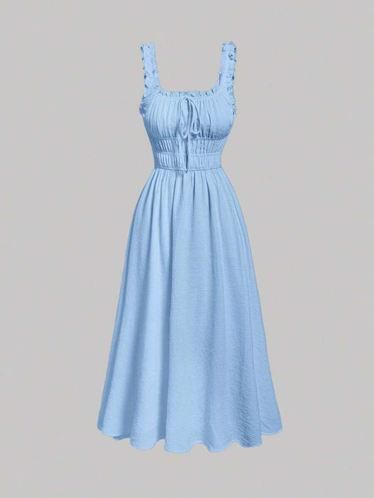 SHEIN MOD فستان طويل أزرق بتصميم مطوي بلون موحد
