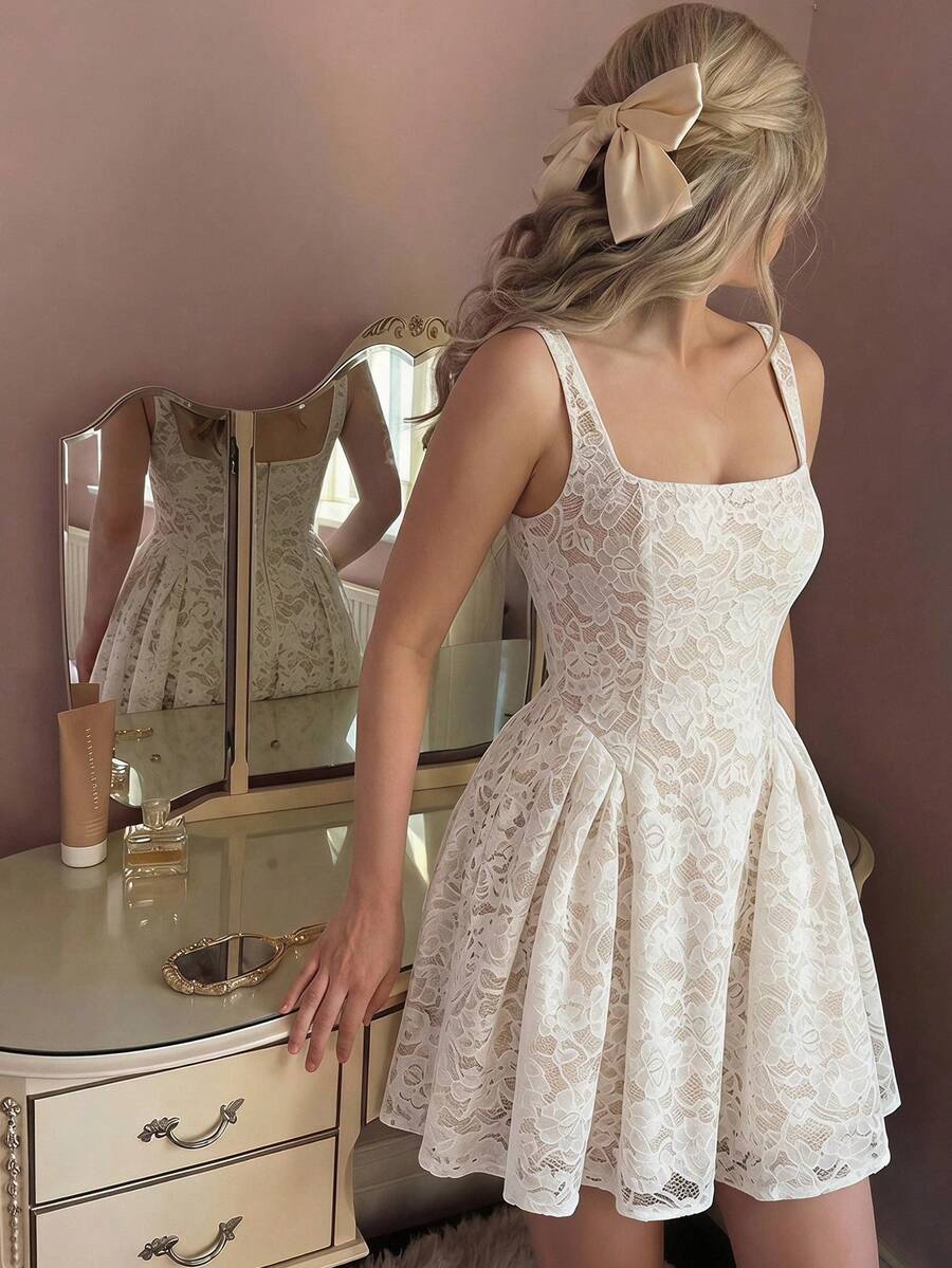 SHEIN MOD فستان أبيض بياقة مربعة من الدانتيل الشفاف المطوي