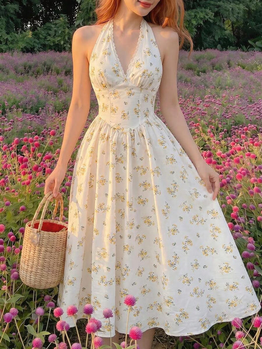SHEIN MOD فستان مزين بالزهور والدانتيل بخصر عالي وتصميم هالتر