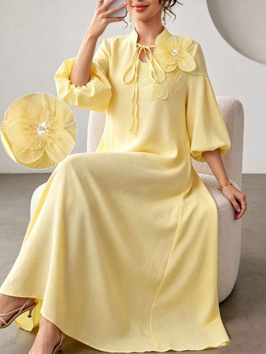 SHEIN Yasmyna فستان عربي أصفر فضفاض بربطة عنق مطرز بزهرة