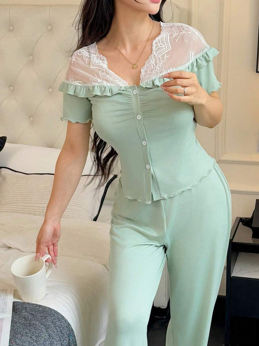 SHEIN طقم بيجامة قطعتين بتصميم دانتيل بكتف شفاف وبنطلون طويل