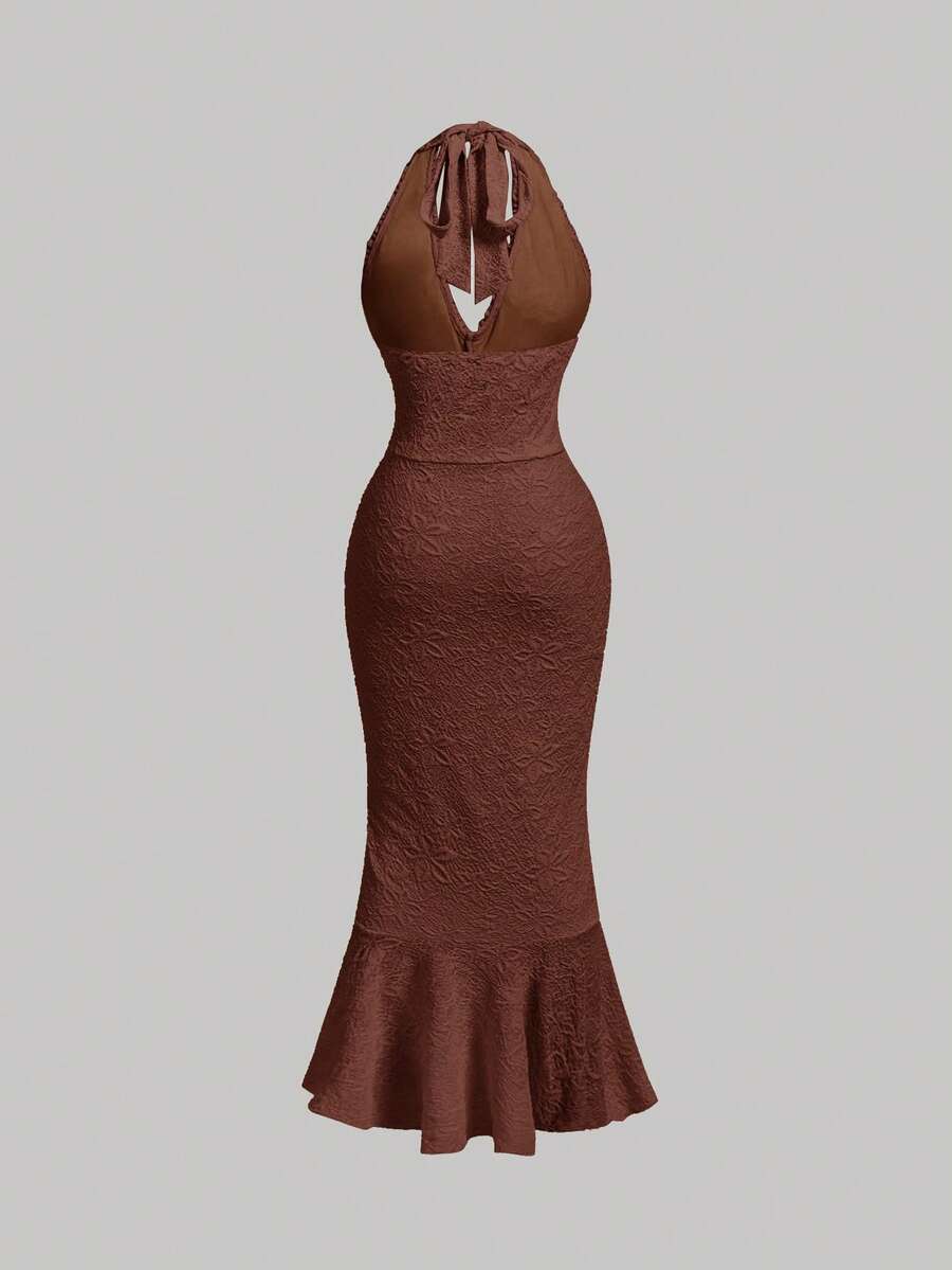 SHEIN MOD فستان شبكي ضيق بكشكشة وربطة فيونكة وياقة هالتر