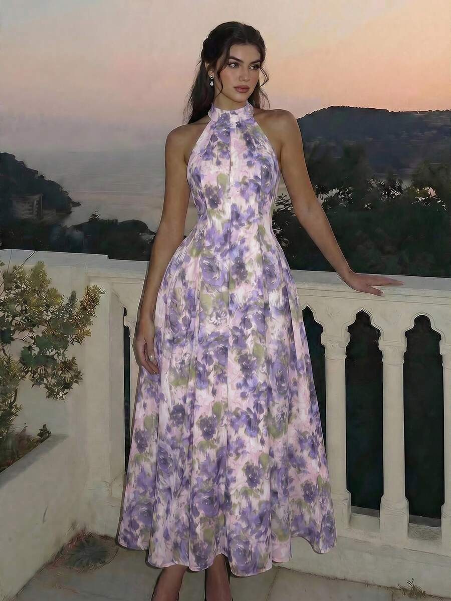 SHEIN MOD فستان بطبعة زهور وياقة معلقة بلون أرجواني