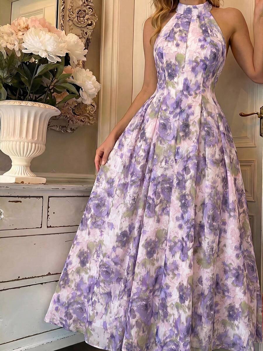 SHEIN MOD فستان بطبعة زهور وياقة معلقة بلون أرجواني