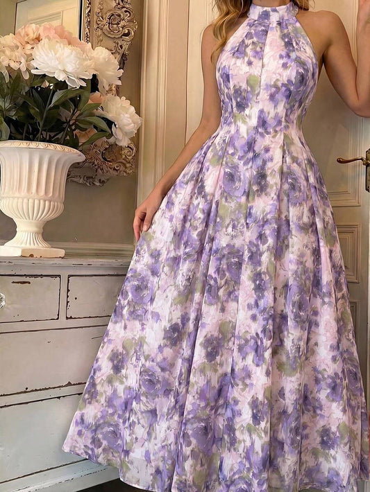 SHEIN MOD فستان بطبعة زهور وياقة معلقة بلون أرجواني
