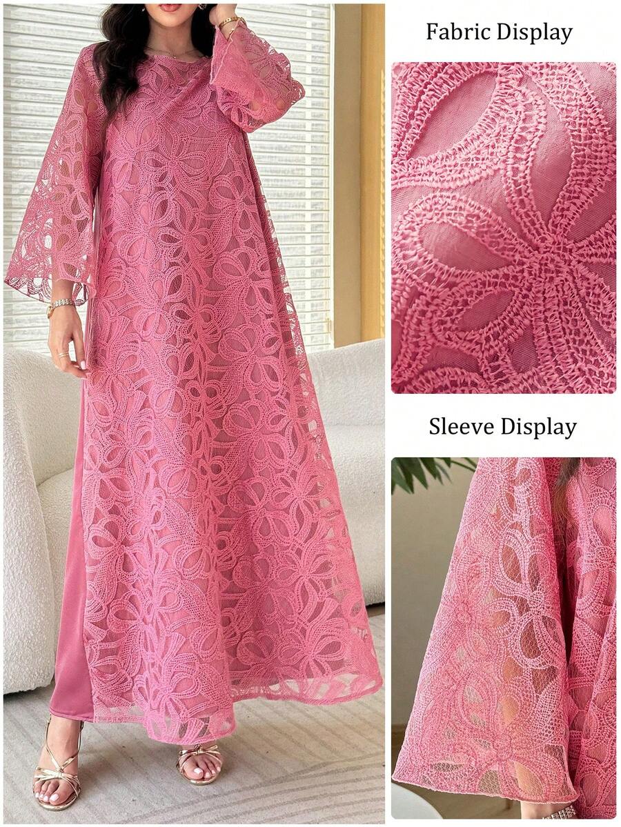 SHEIN Al Najma فستان عربي وردي بأكمام 3/4 بتطريز ثلاثي الأبعاد